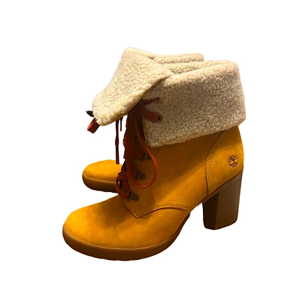 TIMBERLAND CAMDALE Fleece Fold-Down Tan Leather Heeled Boots Women’s 10 - Picture 2 of 11